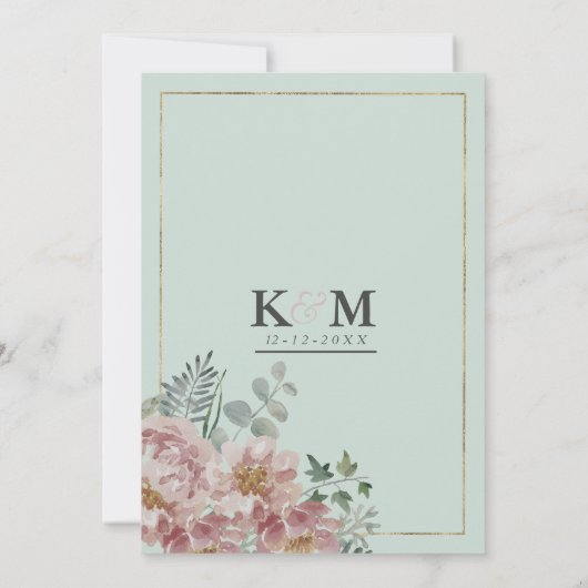 Gouden munt groen roze waterverf bloemenbruiloft kaart (Achterkant)