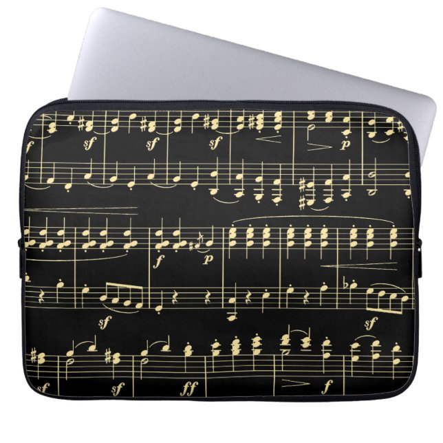 Gouden muziek op zwart laptop sleeve (Voorkant)