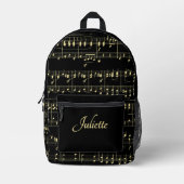 Gouden Muziek op Zwart Script Naam Front Bedrukte Rugzak (Voorkant)