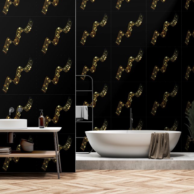 Gouden muzieknoten Custom Kleuren Zwart Behang (Badkamer)