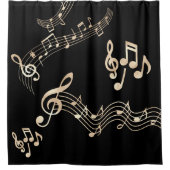 Gouden Muzieknoten op Zwart Medium Douchegordijn (Voorkant)