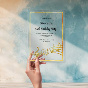 Gouden muzieknoten verjaardag doorzichtig acryl uitnodigingen