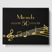 gouden muzieknoten voor 50e verjaardag op zwart gastenboek (Voorkant)