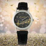 Gouden muzieknoten zwarte naam horloge<br><div class="desc">Eenvoudig en elegant voor een muzikant of muzikant! Zwarte achtergrond met faux gouden muzieknoten. Sjabloon voor jouw naam,  gouden letters. Gulden kloknummers.</div>