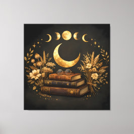 Gouden Mystieke Bibliotheek & Botanische Boho Maan Canvas Afdruk