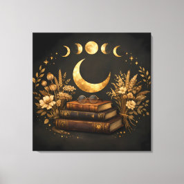 Gouden Mystieke Bibliotheek & Botanische Boho Maan Canvas Afdruk