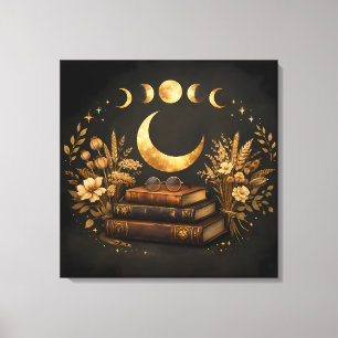 Gouden Mystieke Bibliotheek & Botanische Boho Maan Canvas Afdruk