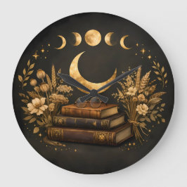 Gouden Mystieke Bibliotheek & Botanische Boho Maan Grote Klok