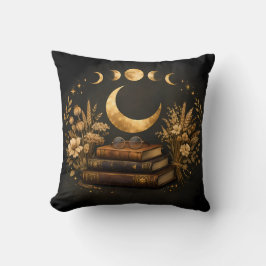 Gouden Mystieke Bibliotheek & Botanische Boho Maan Kussen