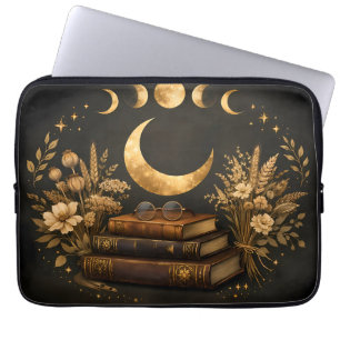 Gouden Mystieke Bibliotheek & Botanische Boho Maan Laptop Sleeve