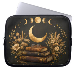 Gouden Mystieke Bibliotheek & Botanische Boho Maan Laptop Sleeve