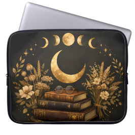 Gouden Mystieke Bibliotheek & Botanische Boho Maan Laptop Sleeve