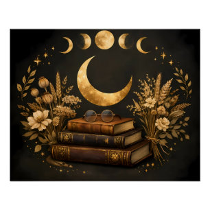 Gouden Mystieke Bibliotheek & Botanische Boho Maan Perfect Poster