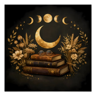 Gouden Mystieke Bibliotheek & Botanische Boho Maan Perfect Poster