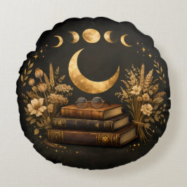 Gouden Mystieke Bibliotheek & Botanische Boho Maan Rond Kussen