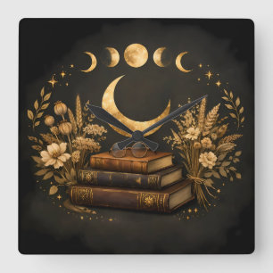 Gouden Mystieke Bibliotheek & Botanische Boho Maan Vierkante Klok