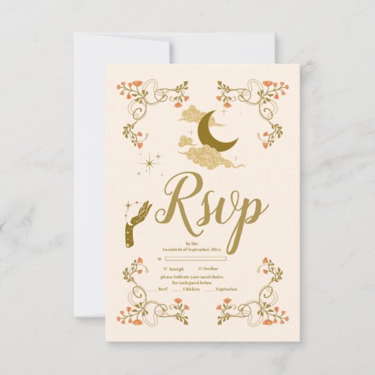  gouden mystieke botanische bruiloft RSVP kaartje (Voorkant)