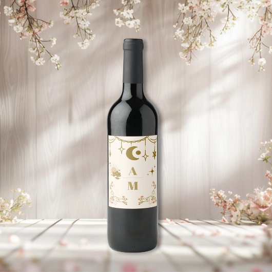 gouden mystieke botanische bruiloft wijn etiket