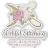 Gouden naaiende schaar & Shabby Chic Bloemen Logo Sticker (Voorkant)
