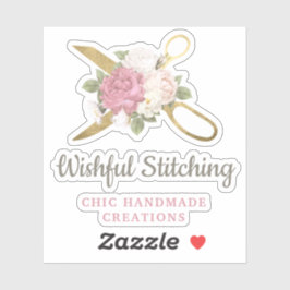 Gouden naaiende schaar & Shabby Chic Bloemen Logo Sticker