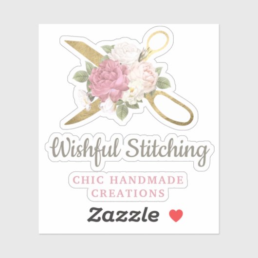 Gouden naaiende schaar & Shabby Chic Bloemen Logo Sticker (Vel)