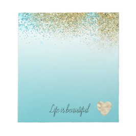 Gouden namaak glitters aqua ombre hart notitieblok