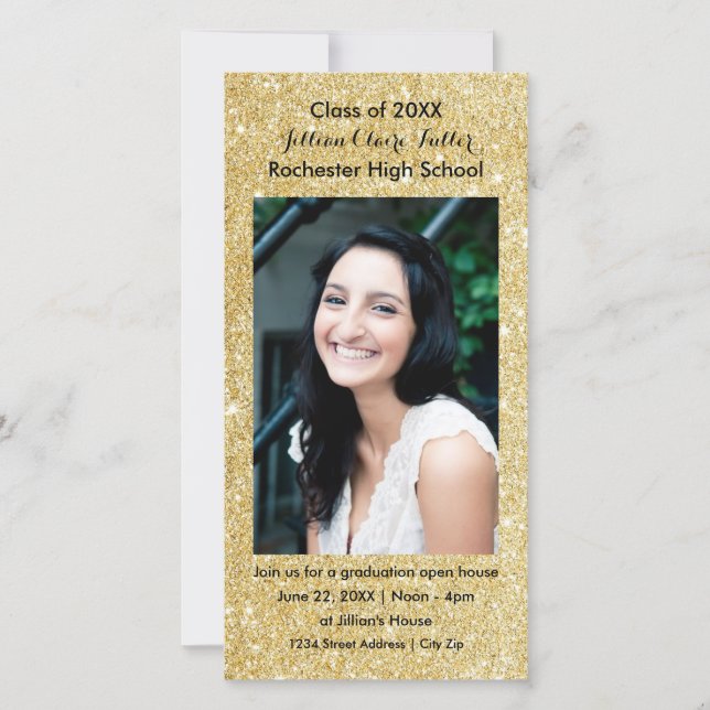 Gouden namaak glitters eindexamen fotocard (Voorkant)