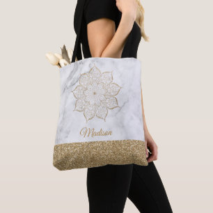 Gouden namaak glitters mandala op grijs en wit mar tote bag