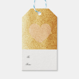 Gouden namaak glitters met een delicaat hart cadeaulabel