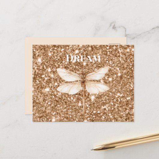 Gouden namaak glitters witte libel briefkaart (Voorkant / Achterkant in situ)