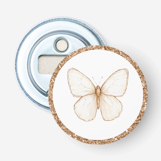 Gouden namaak glitters witte vlinder   button flesopener (Voorkant)