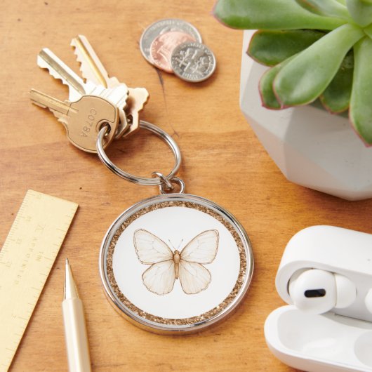 Gouden namaak glitters Witte Vlinder Sleutelhanger (Bureau)