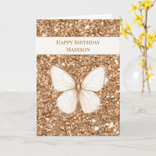 Gouden namaak glitters witte vlinder verjaardag kaart