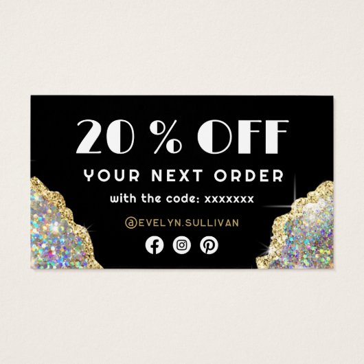 Gouden namaak iriserende glitters korting kaart (Achterkant)