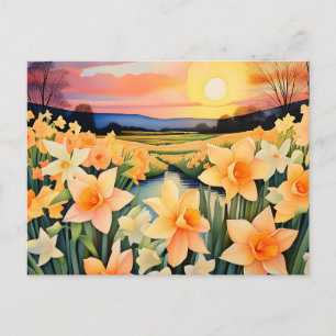 Gouden narcissen bij zonsondergang in een rustige briefkaart