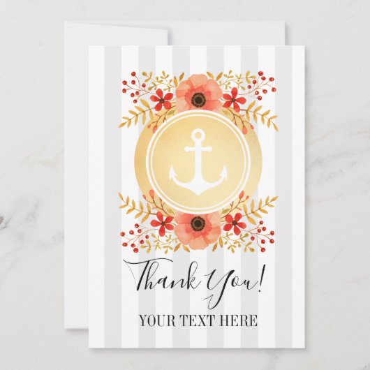 Gouden nautische anker Waterverf bloemig dank u Bedankkaart (Voorkant)