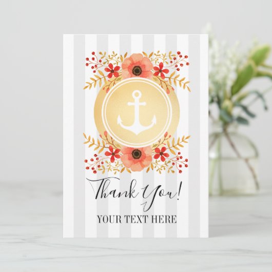 Gouden nautische anker Waterverf bloemig dank u Bedankkaart (Staand voorkant)