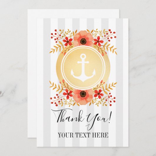 Gouden nautische anker Waterverf bloemig dank u Bedankkaart (Voorkant / Achterkant)
