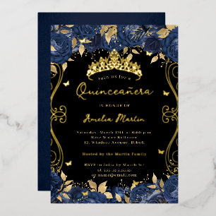 Gouden Navy Black Swirl Scroll Floral Quinceanera Folie Uitnodiging