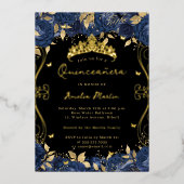Gouden Navy Black Swirl Scroll Floral Quinceanera Folie Uitnodiging (Voorkant)