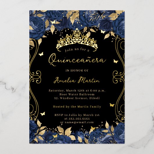 Gouden Navy Black Swirl Scroll Floral Quinceanera Folie Uitnodiging (Voorkant)