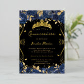 Gouden Navy Black Swirl Scroll Floral Quinceanera Folie Uitnodiging (Staand Voorkant)