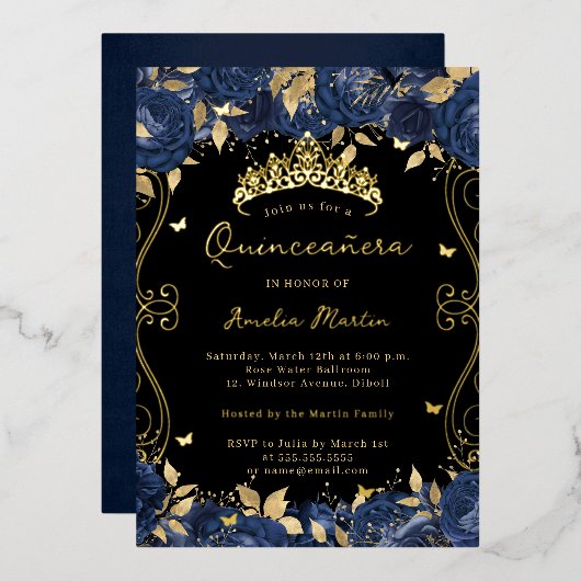Gouden Navy Black Swirl Scroll Floral Quinceanera Folie Uitnodiging (Voorkant / Achterkant)