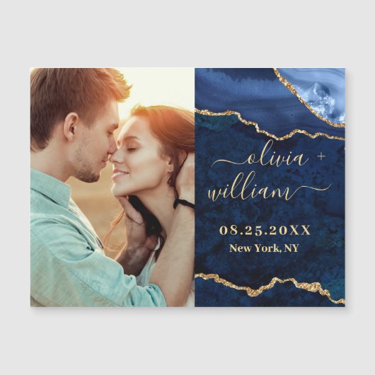 Gouden Navy Blauwe Agaat Save the Date Magnetische (Voorkant)