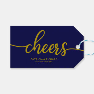Gouden Navy Blauwe Calligrafie Proost Wijnfles Lab Cadeaulabel
