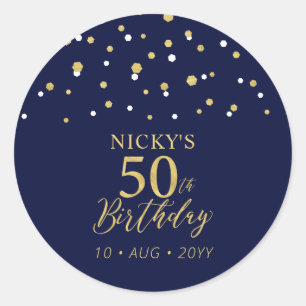 Gouden Navy Blauwe Confetti 50e Verjaardag Party F Ronde Sticker