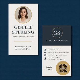 Gouden & Navy Blauwe Foto QR Code Visitekaartje