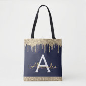 Gouden Navy Blauwe Glitter Elegant Monogram Tote Bag (Voorkant)