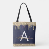 Gouden Navy Blauwe Glitter Elegant Monogram Tote Bag (Achterkant)