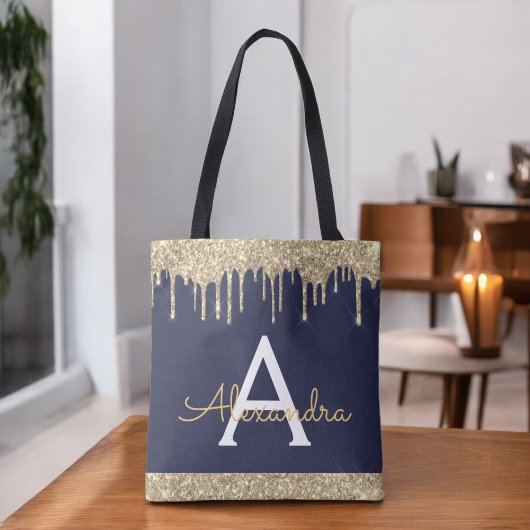 Gouden Navy Blauwe Glitter Elegant Monogram Tote Bag